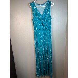 Apt 9 Teal Abstract Leaf Print Sleeveless V Neck Maxi Dress Women's Large